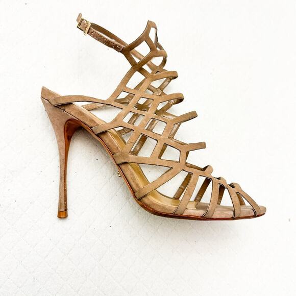 Schutz Juliana Cage Sandals Stiletto Beige Suede Leather Size 8 - Picture 4 of 5